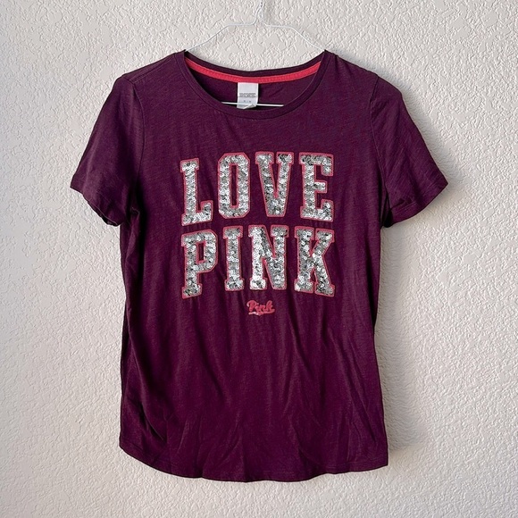 PINK Victoria's Secret Tops - PINK Maroon Silver Sequins Graphic Shirt Size M